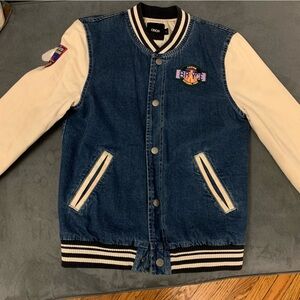 ASOS Denim Varsity Jacket with Black and Cream Accents